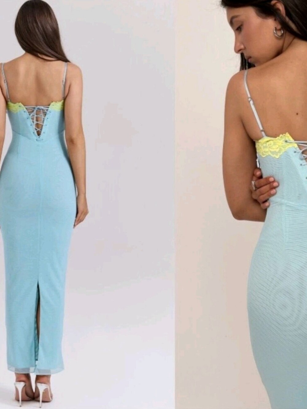 NWOT HOUSE OF CB Aiza Ocean Blue Contrast Lace Maxi Dress sz L - Picture 4 of 5